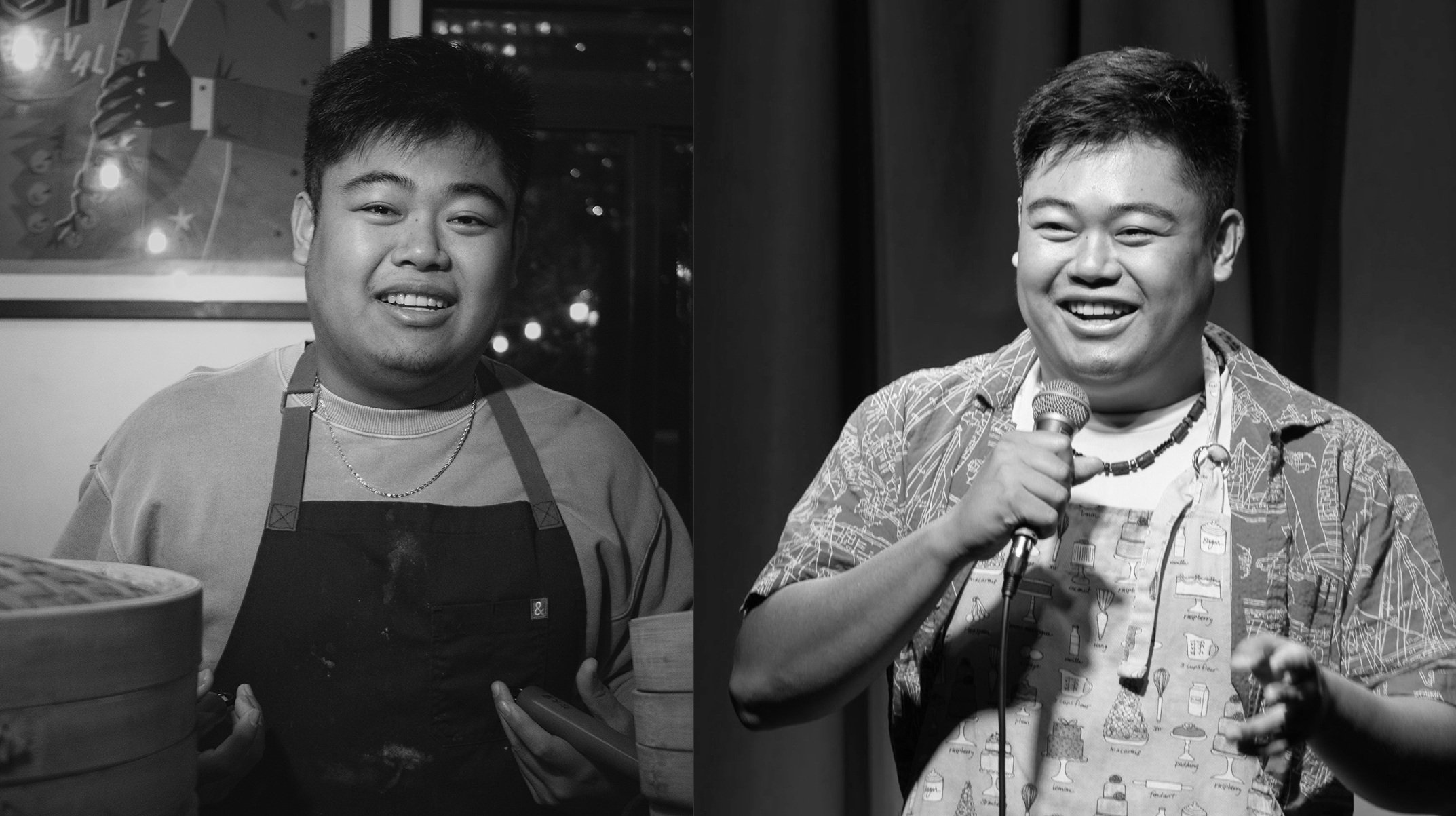 David Jin with a microphone on the Lil Dumplings Comedy stage